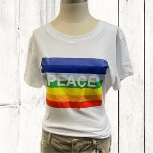 NWT - White Cotton Blend Rainbow Peace T-Shirt - Size: O/S ( fits Med/ Large)
